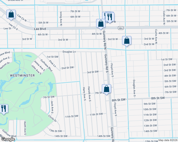 map of restaurants, bars, coffee shops, grocery stores, and more near 140 Gordon Avenue South in Lehigh Acres