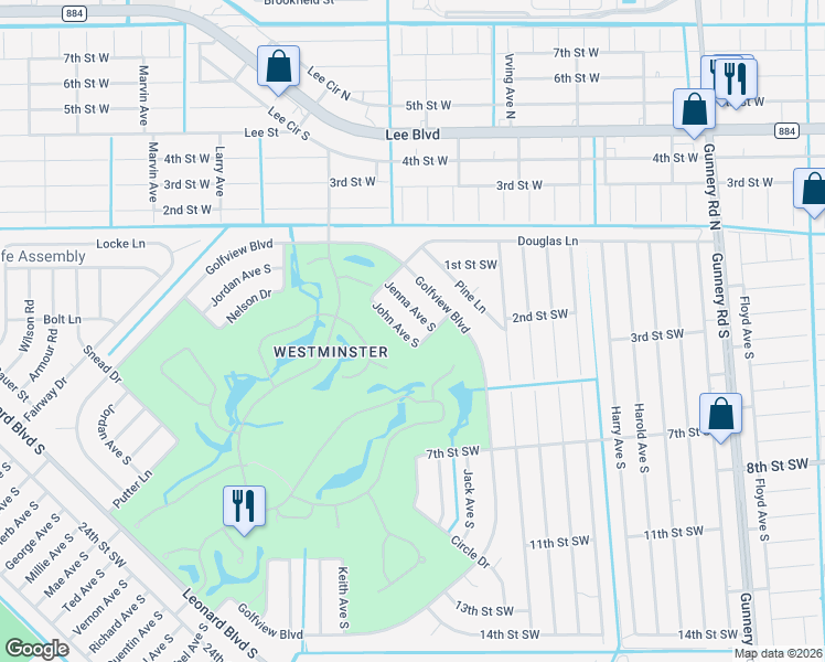 map of restaurants, bars, coffee shops, grocery stores, and more near 125 John Avenue South in Lehigh Acres