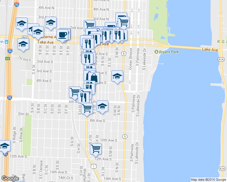 map of restaurants, bars, coffee shops, grocery stores, and more near 426 South M Street in Lake Worth