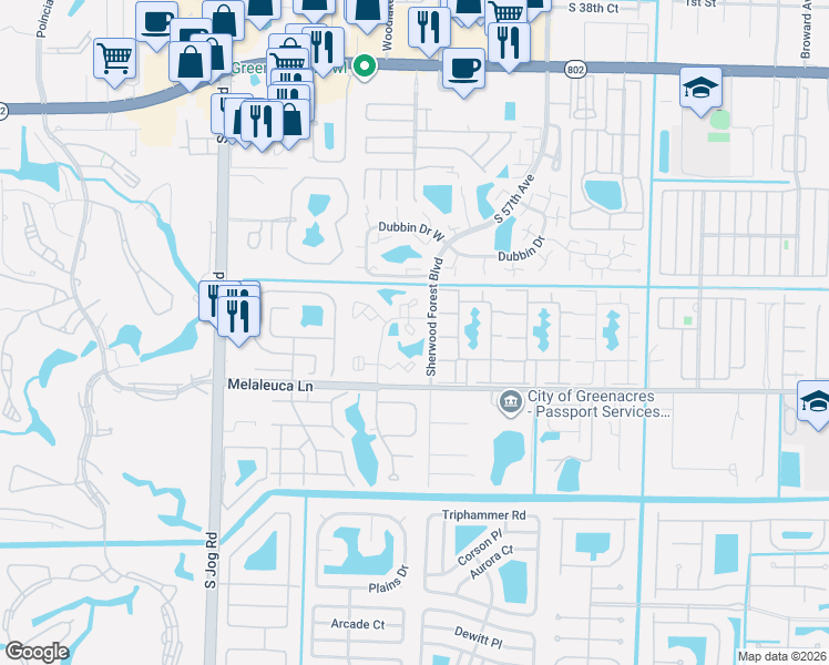map of restaurants, bars, coffee shops, grocery stores, and more near 4459 Oak Terrace Drive in Greenacres