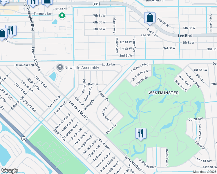 map of restaurants, bars, coffee shops, grocery stores, and more near 2147 Fairway Drive in Lehigh Acres