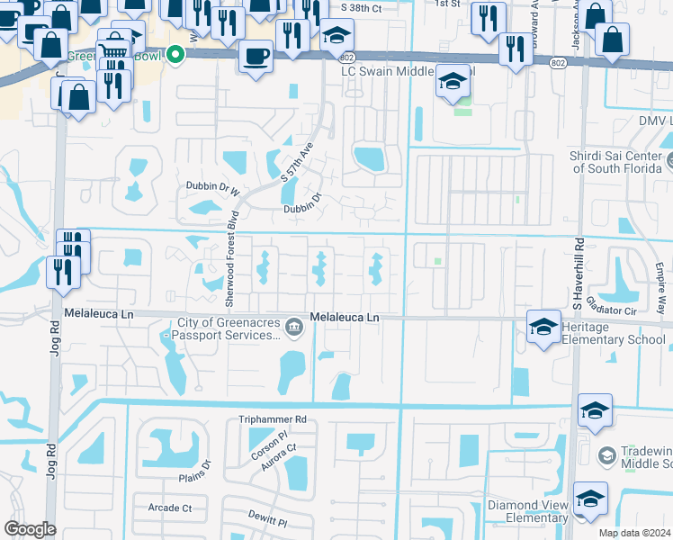 map of restaurants, bars, coffee shops, grocery stores, and more near 172 Pine High Occupancy Vehicle Circle in Greenacres