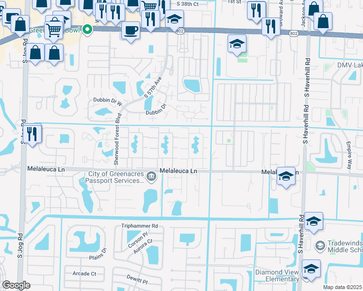 map of restaurants, bars, coffee shops, grocery stores, and more near 172 Pine High Occupancy Vehicle Circle in Greenacres