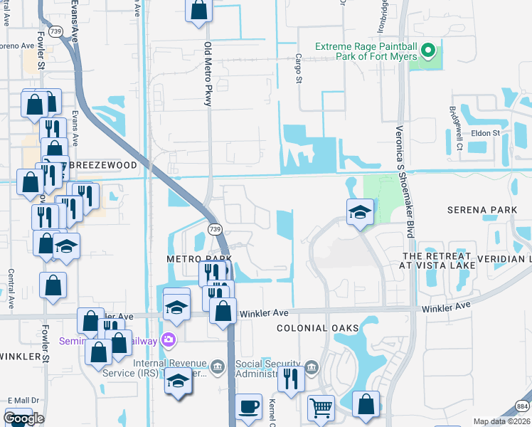 map of restaurants, bars, coffee shops, grocery stores, and more near 3605 Cedar Oak Drive in Fort Myers