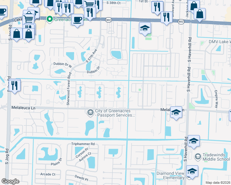 map of restaurants, bars, coffee shops, grocery stores, and more near 309 Knotty Pine Circle in Greenacres