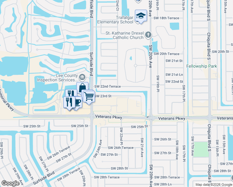map of restaurants, bars, coffee shops, grocery stores, and more near 2213 SW 23rd St in Cape Coral