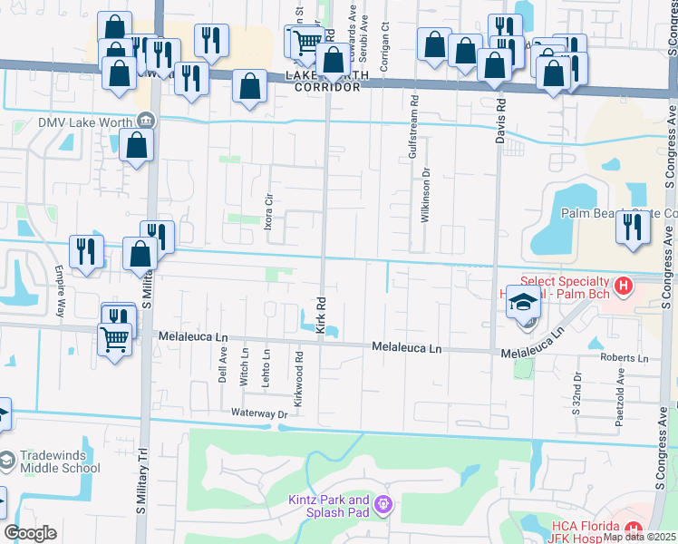 map of restaurants, bars, coffee shops, grocery stores, and more near 4542 Kirk Road in Lake Worth
