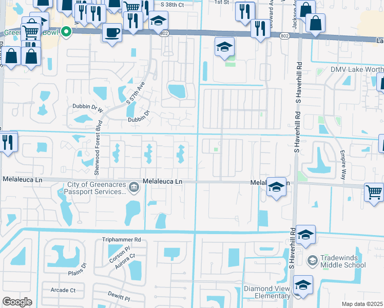 map of restaurants, bars, coffee shops, grocery stores, and more near 313 Knotty Pine Circle in Greenacres