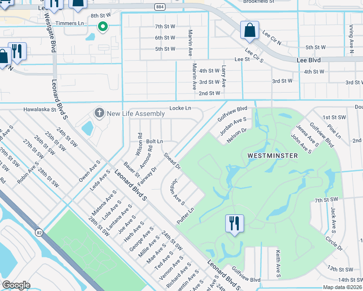 map of restaurants, bars, coffee shops, grocery stores, and more near 2147 Fairway Drive in Lehigh Acres