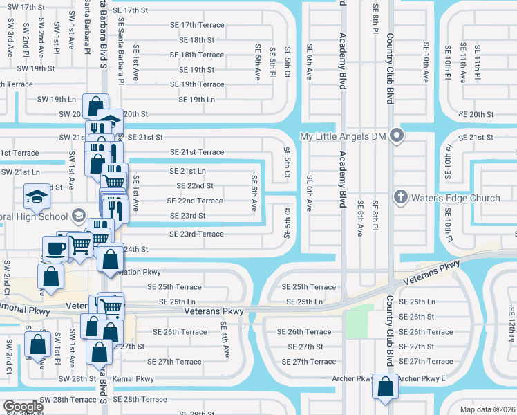 map of restaurants, bars, coffee shops, grocery stores, and more near 2221 Southeast 5th Avenue in Cape Coral