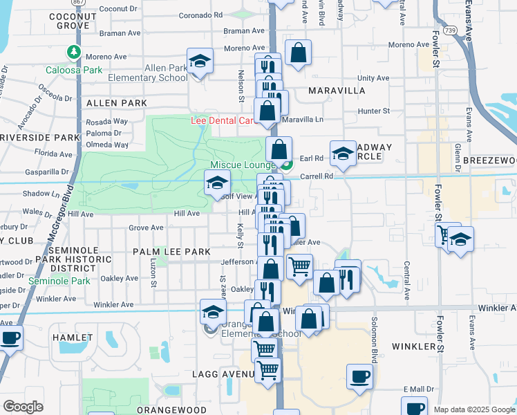 map of restaurants, bars, coffee shops, grocery stores, and more near 1941 Hill Avenue in Fort Myers