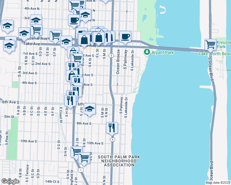 map of restaurants, bars, coffee shops, grocery stores, and more near 421 Ocean Breeze in Lake Worth
