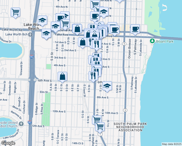 map of restaurants, bars, coffee shops, grocery stores, and more near 429 South Dixie Highway in Lake Worth