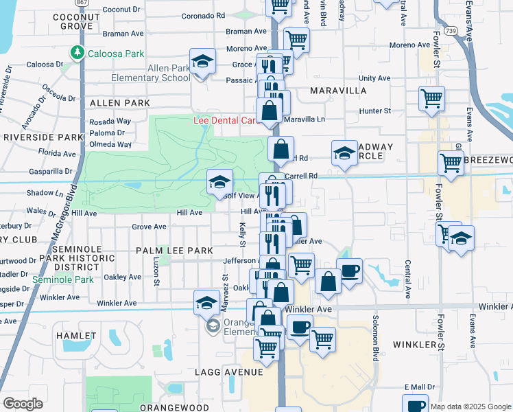 map of restaurants, bars, coffee shops, grocery stores, and more near 1941 Hill Avenue in Fort Myers