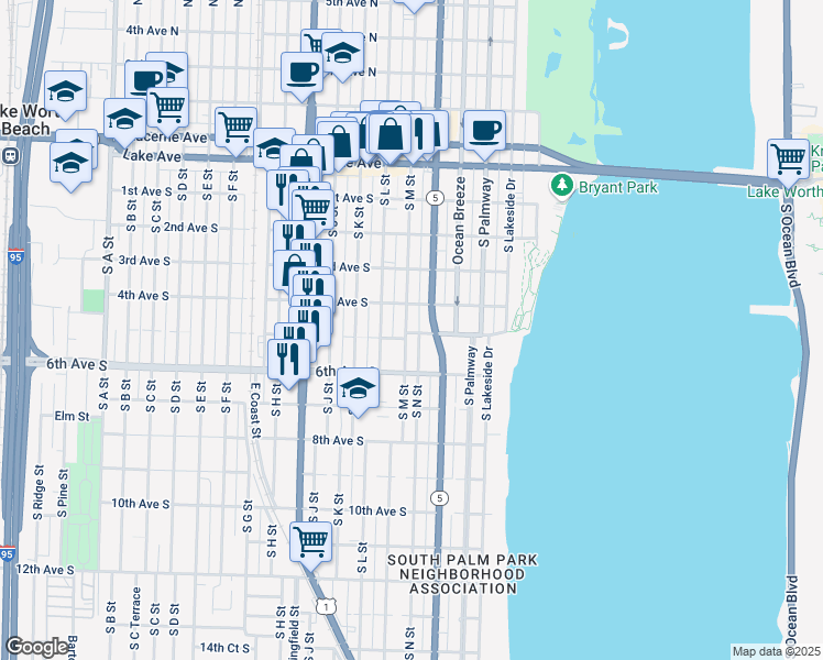 map of restaurants, bars, coffee shops, grocery stores, and more near 426 South M Street in Lake Worth