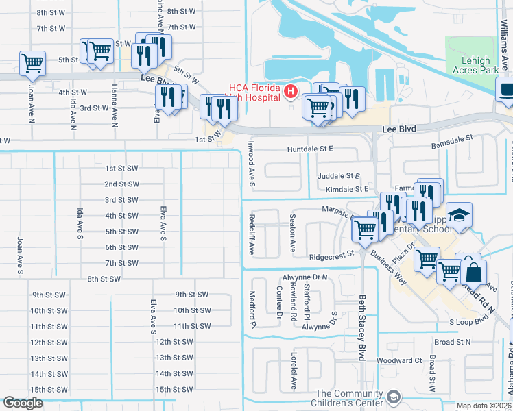 map of restaurants, bars, coffee shops, grocery stores, and more near 1823 Reid Street in Lehigh Acres
