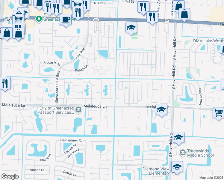 map of restaurants, bars, coffee shops, grocery stores, and more near 313 Knotty Pine Circle in Greenacres