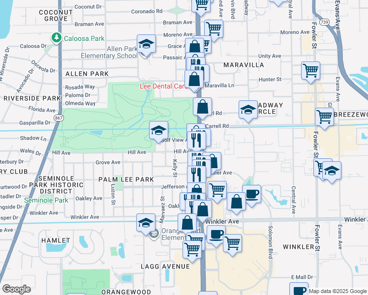 map of restaurants, bars, coffee shops, grocery stores, and more near 1941 Hill Avenue in Fort Myers