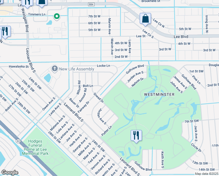 map of restaurants, bars, coffee shops, grocery stores, and more near 4854 Golfview Boulevard in Lehigh Acres