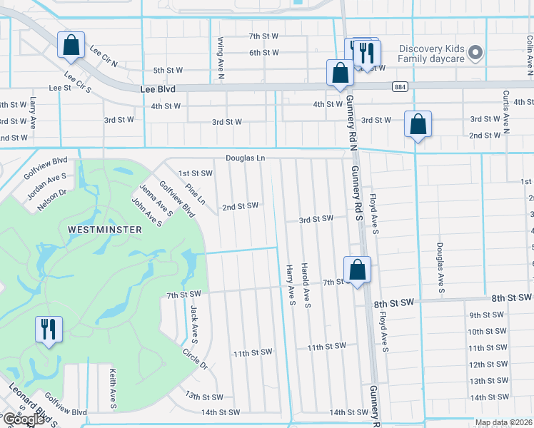 map of restaurants, bars, coffee shops, grocery stores, and more near 206 Hightower Avenue South in Lehigh Acres