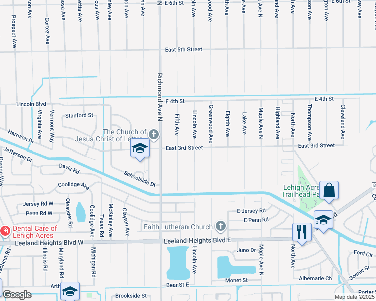 map of restaurants, bars, coffee shops, grocery stores, and more near 504 East 3rd Street in Lehigh Acres