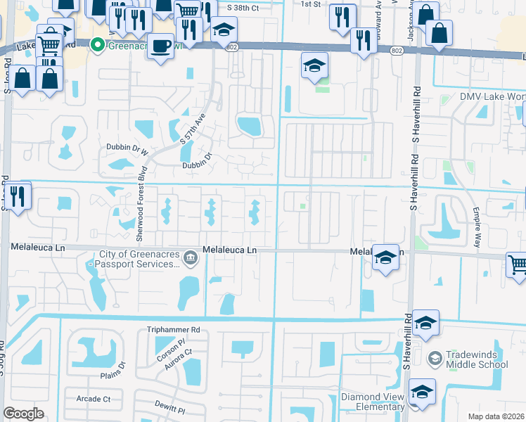 map of restaurants, bars, coffee shops, grocery stores, and more near 313 Knotty Pine Circle in Greenacres