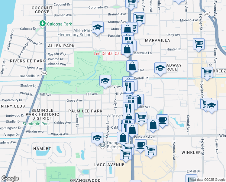 map of restaurants, bars, coffee shops, grocery stores, and more near 1852 Golf View Avenue in Fort Myers
