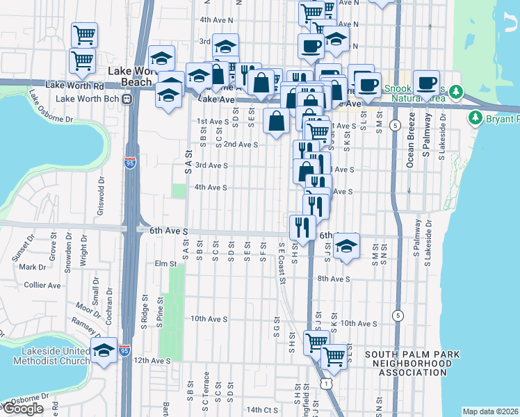 map of restaurants, bars, coffee shops, grocery stores, and more near 429 South F Street in Lake Worth