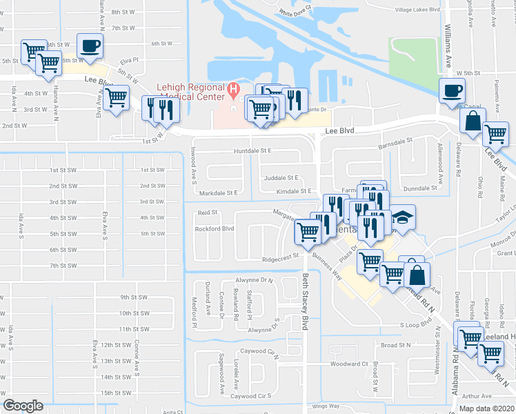 map of restaurants, bars, coffee shops, grocery stores, and more near 1713 Margate Boulevard in Lehigh Acres