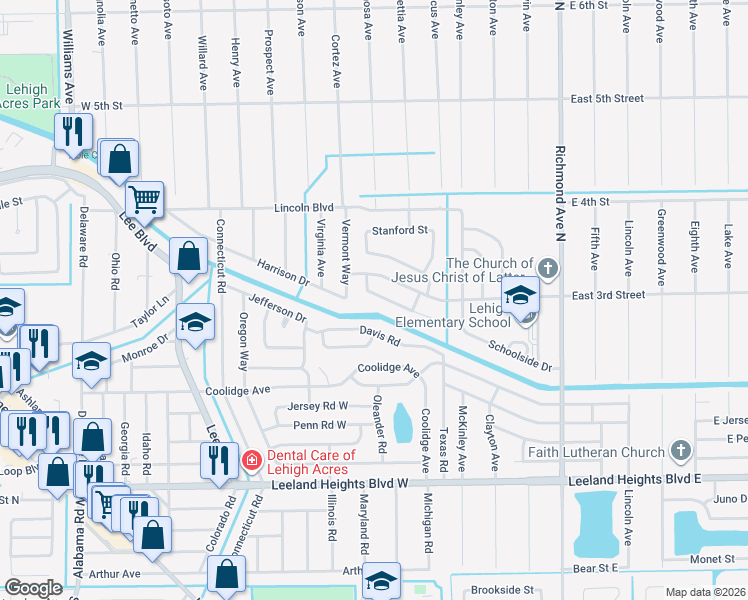 map of restaurants, bars, coffee shops, grocery stores, and more near 112 Stetson Street in Lehigh Acres