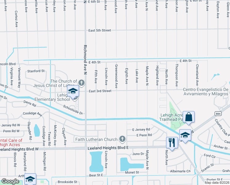 map of restaurants, bars, coffee shops, grocery stores, and more near 606 East 3rd Street in Lehigh Acres