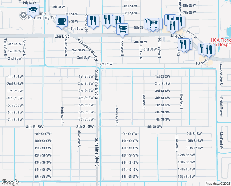 map of restaurants, bars, coffee shops, grocery stores, and more near 3001 3rd Street Southwest in Lehigh Acres