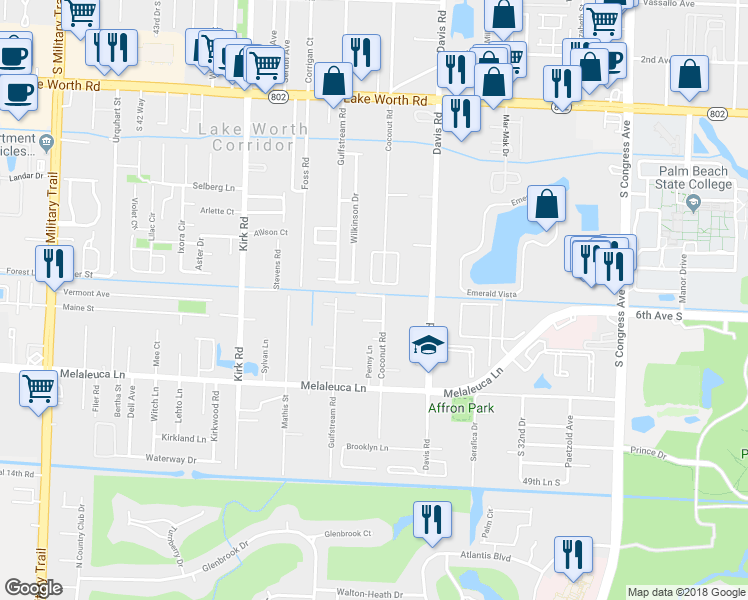 map of restaurants, bars, coffee shops, grocery stores, and more near 4509 Coconut Road in Lake Worth