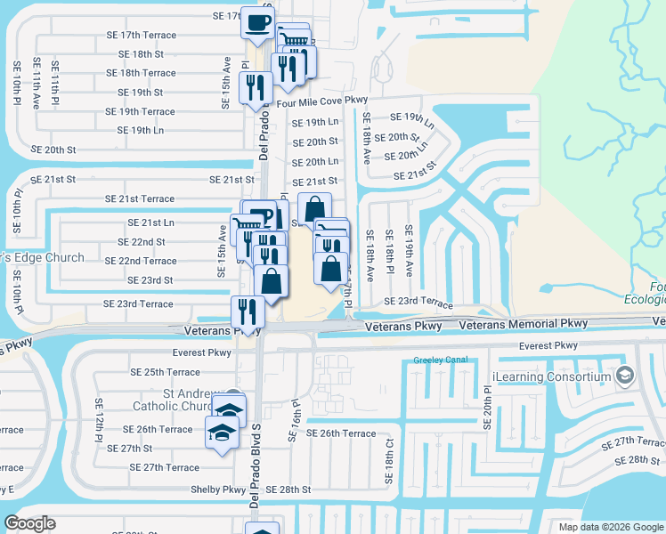 map of restaurants, bars, coffee shops, grocery stores, and more near 2301 Del Prado Boulevard South in Cape Coral