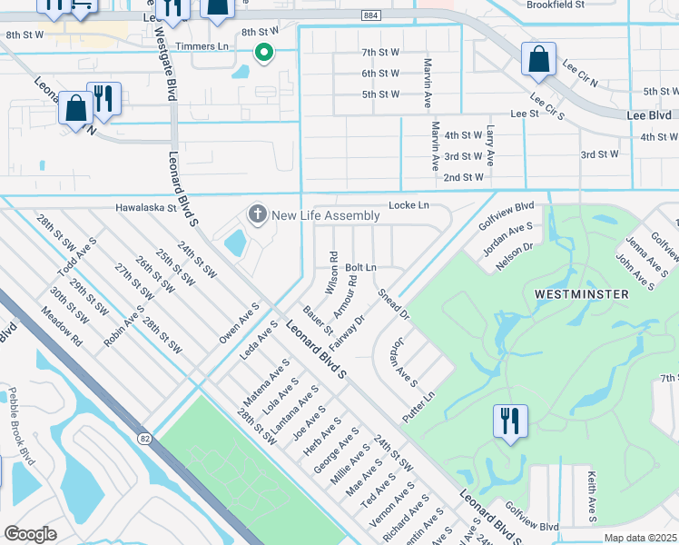 map of restaurants, bars, coffee shops, grocery stores, and more near 2201 Wilson Road in Lehigh Acres