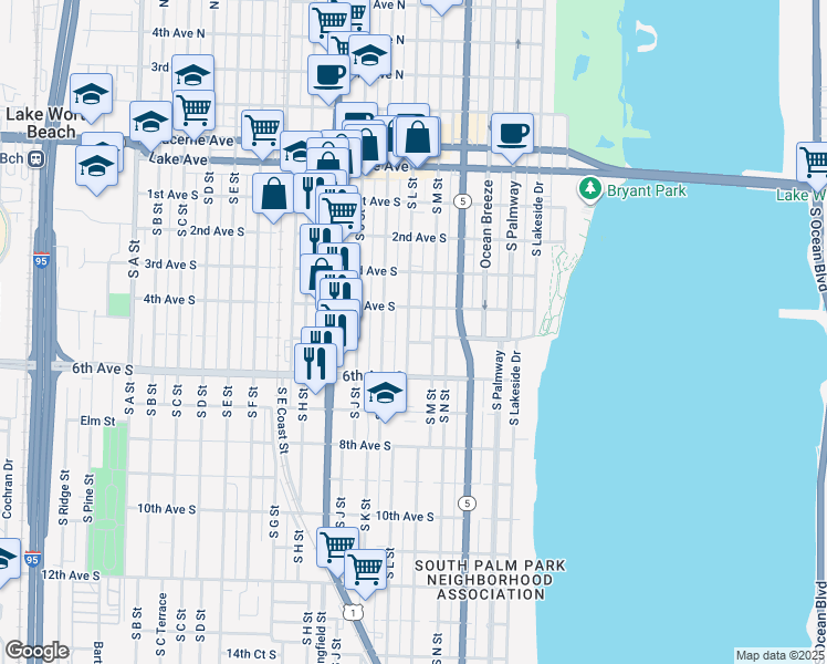 map of restaurants, bars, coffee shops, grocery stores, and more near 425 South L Street in Lake Worth