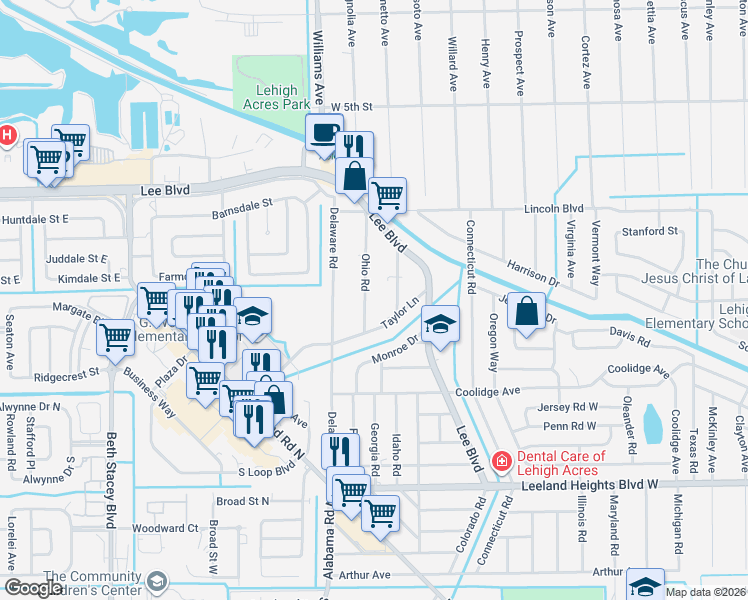 map of restaurants, bars, coffee shops, grocery stores, and more near 304 Ohio Rd in Lehigh Acres