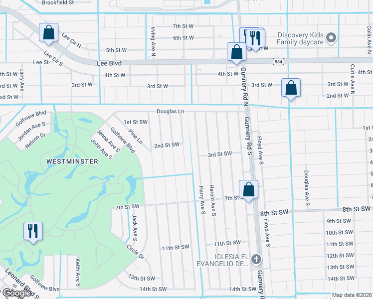 map of restaurants, bars, coffee shops, grocery stores, and more near 205 Hightower Avenue South in Lehigh Acres