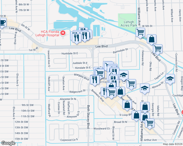 map of restaurants, bars, coffee shops, grocery stores, and more near 1 Parkwood Villas Court in Lehigh Acres