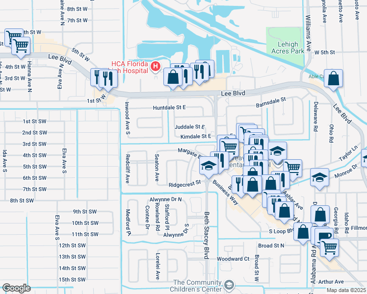 map of restaurants, bars, coffee shops, grocery stores, and more near 1707 Margate Boulevard in Lehigh Acres
