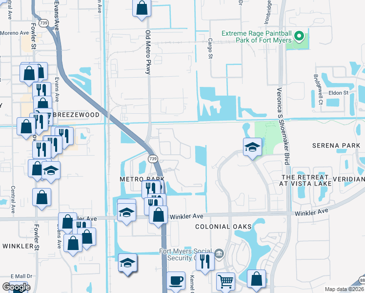 map of restaurants, bars, coffee shops, grocery stores, and more near 3605 Cedar Oak Drive in Fort Myers