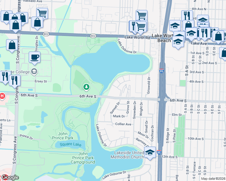 map of restaurants, bars, coffee shops, grocery stores, and more near 2440 Lake Osborne Drive in Lake Worth