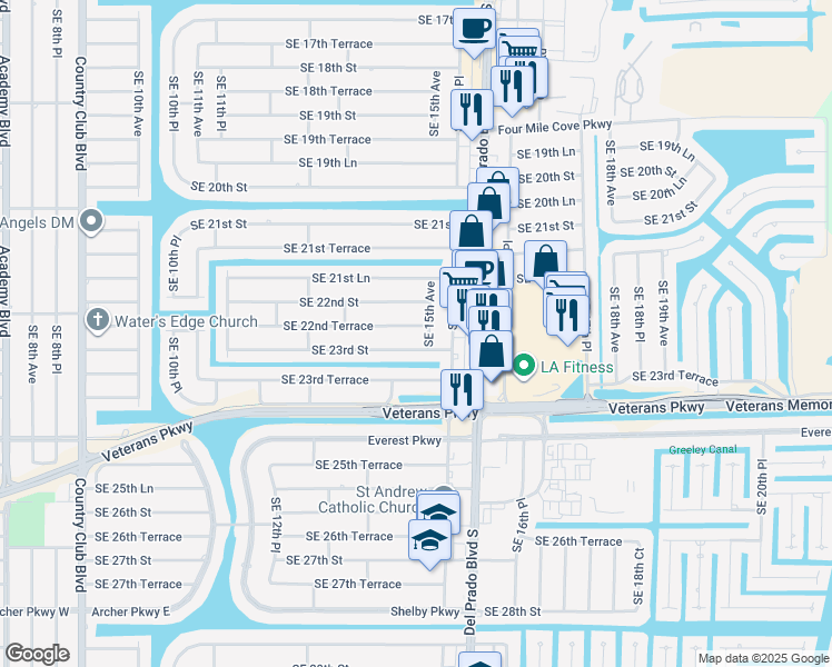map of restaurants, bars, coffee shops, grocery stores, and more near 1444 Southeast 22nd Terrace in Cape Coral
