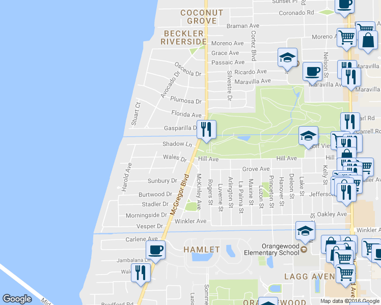map of restaurants, bars, coffee shops, grocery stores, and more near 3610 McGregor Boulevard in Fort Myers