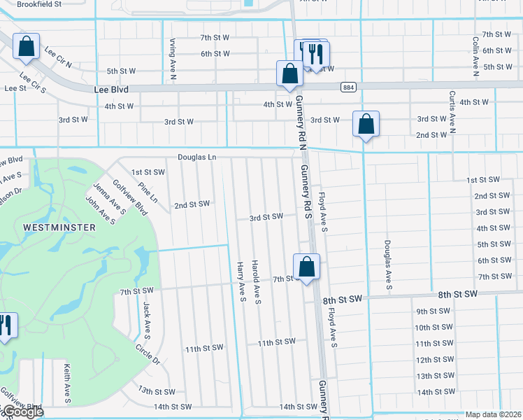 map of restaurants, bars, coffee shops, grocery stores, and more near 140 Gordon Avenue South in Lehigh Acres