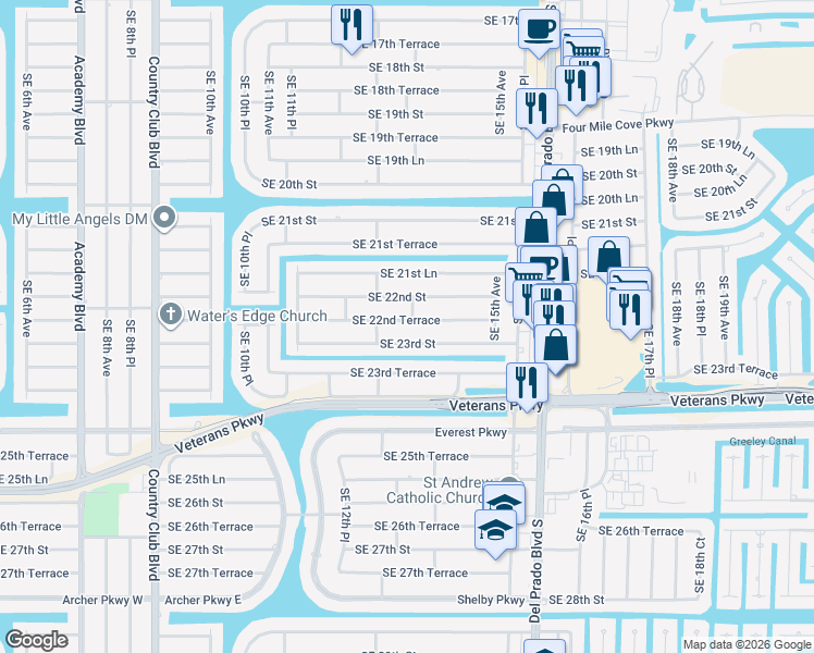 map of restaurants, bars, coffee shops, grocery stores, and more near 1320 Southeast 22nd Terrace in Cape Coral