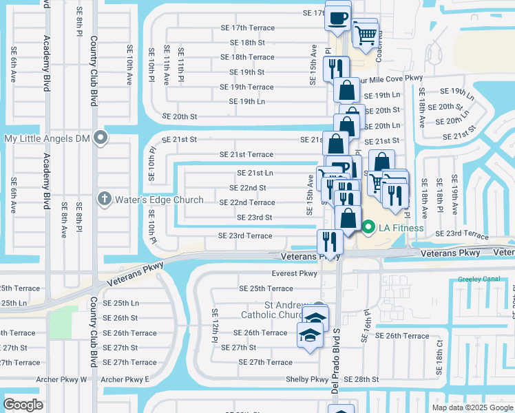 map of restaurants, bars, coffee shops, grocery stores, and more near 1320 Southeast 22nd Terrace in Cape Coral