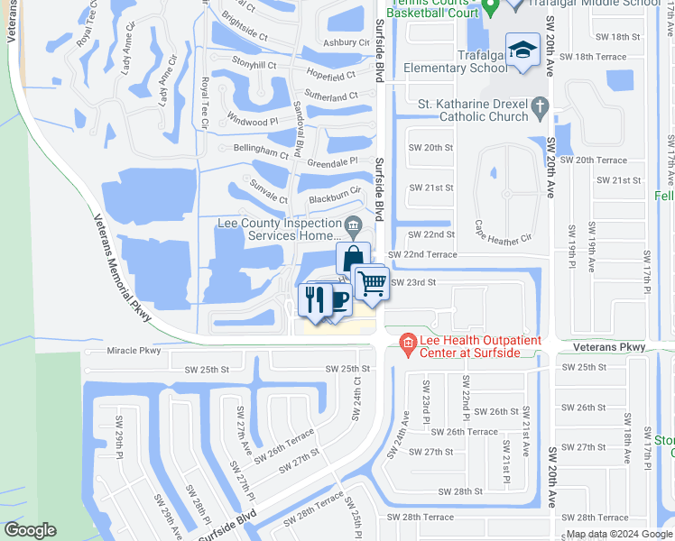 map of restaurants, bars, coffee shops, grocery stores, and more near 2418 Verdmont Court in Cape Coral