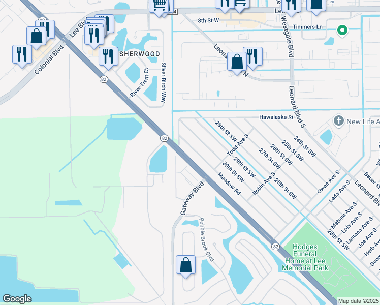 map of restaurants, bars, coffee shops, grocery stores, and more near 122 Meadow Rd in Lehigh Acres