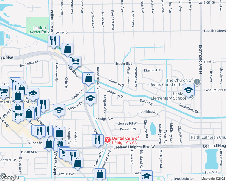 map of restaurants, bars, coffee shops, grocery stores, and more near 519 Jefferson Drive in Lehigh Acres